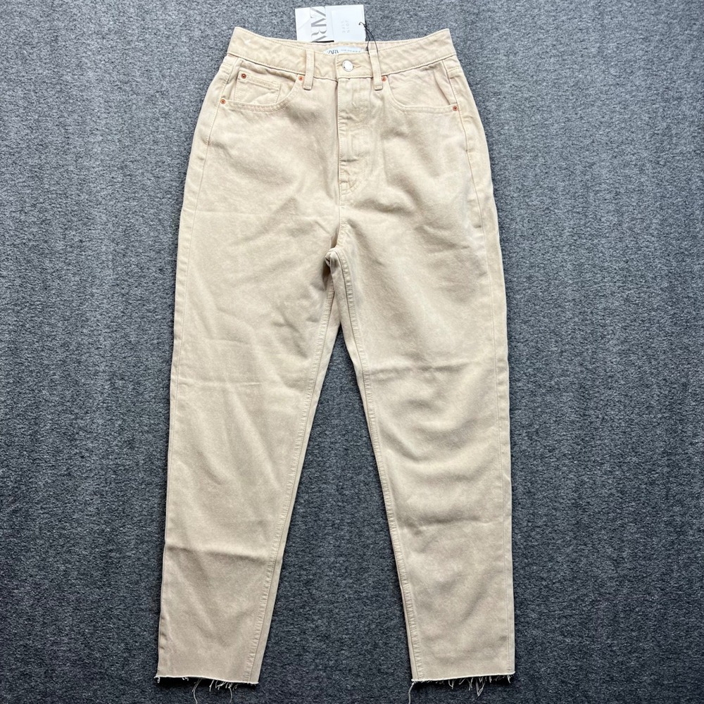 Zara Jeans Womens 6 Tan Beige High Rise Tapered Raw Hem 3777/025/712